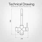 Brewmaster 3 in 1 square chrome tap front technical drawing with dimensions