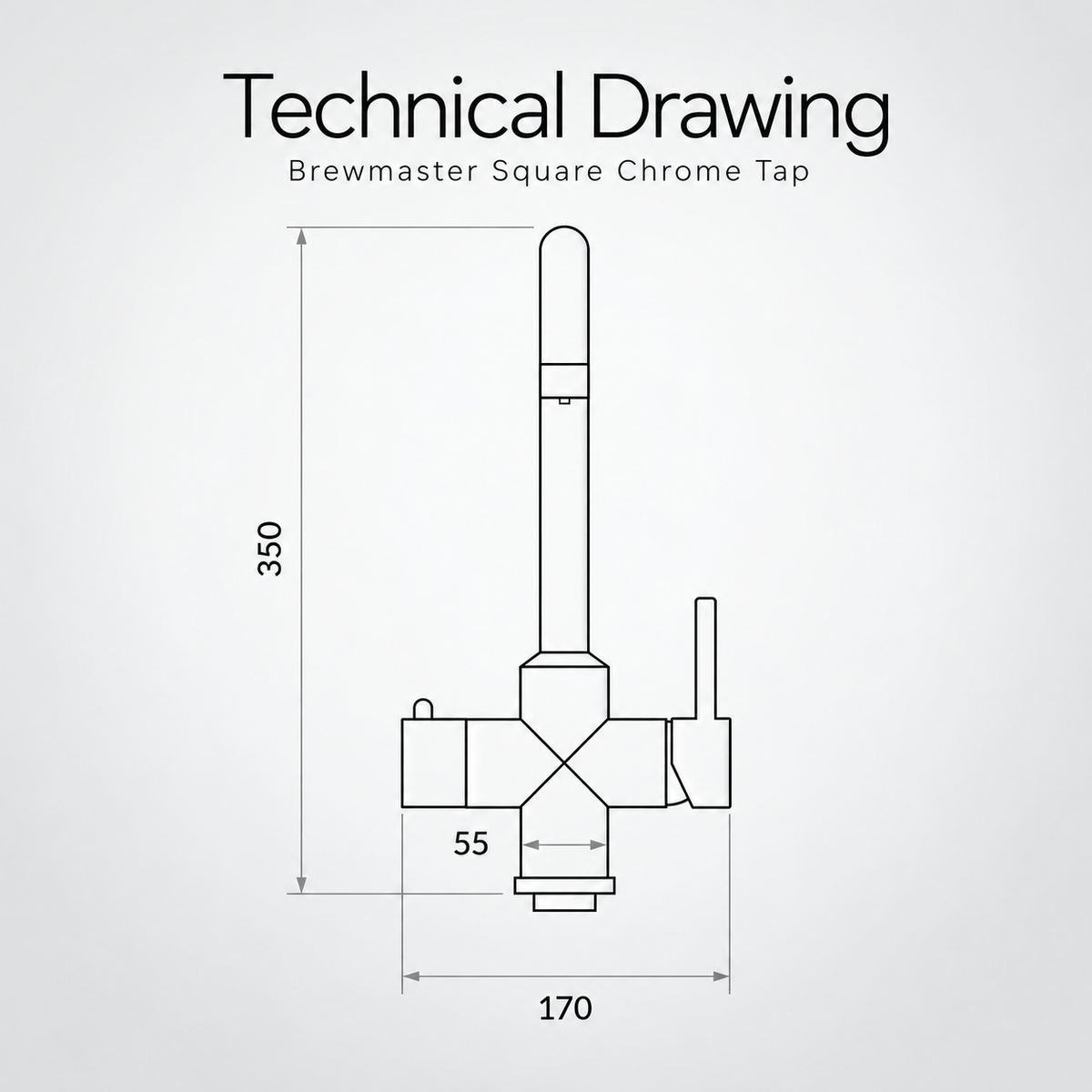 Brewmaster 3 in 1 square chrome tap front technical drawing with dimensions