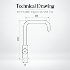 Brewmaster 3 in 1 square chrome tap side technical drawing with dimensions