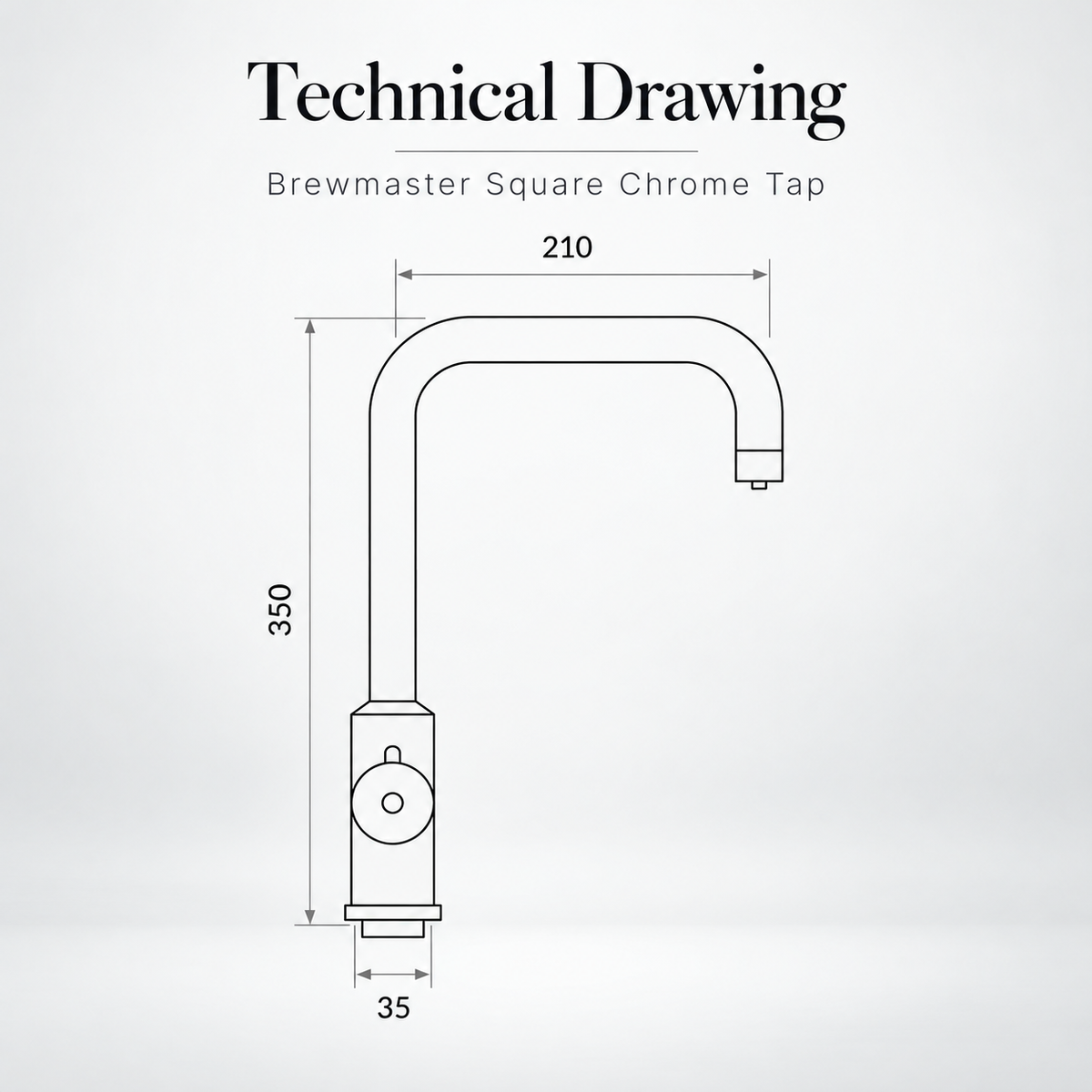 Brewmaster 3 in 1 square chrome tap side technical drawing with dimensions