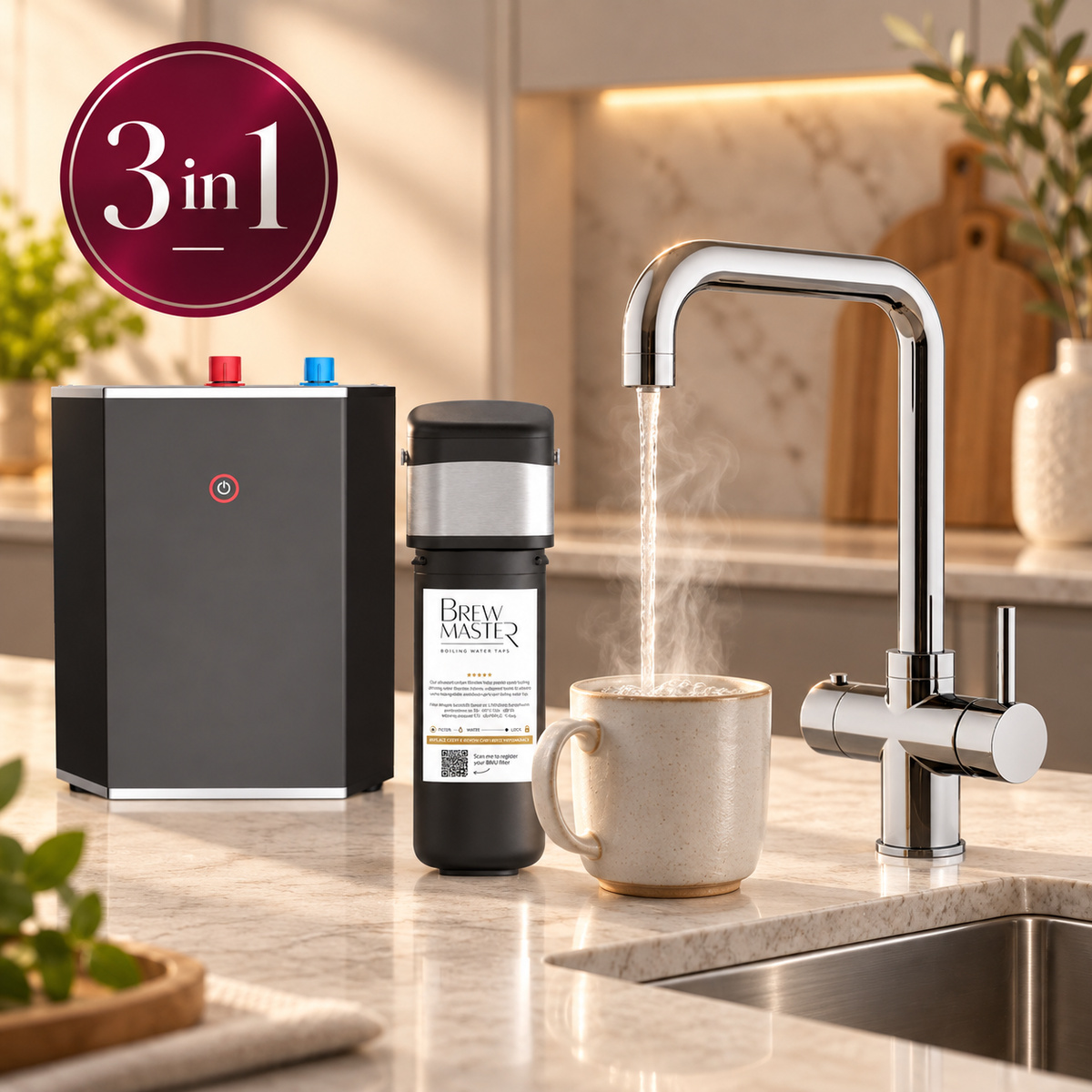 Brewmaster 3 in 1 square chrome boiling water tap with standard tank and filter