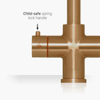 Brewmaster 4 in 1 brushed copper boiling water tap showing child safe spring lock handle