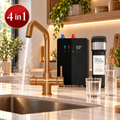 Brewmaster 4 in 1 brushed copper boiling water tap with digital tank, filter and drinking water bottle in a modern kitchen