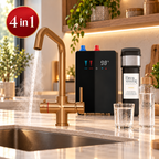 Brewmaster 4 in 1 brushed copper boiling water tap with digital tank, filter and drinking water bottle in a modern kitchen