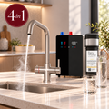 Brewmaster 4 in 1 brushed nickel boiling water tap with digital tank and filter shown in a premium kitchen hero image