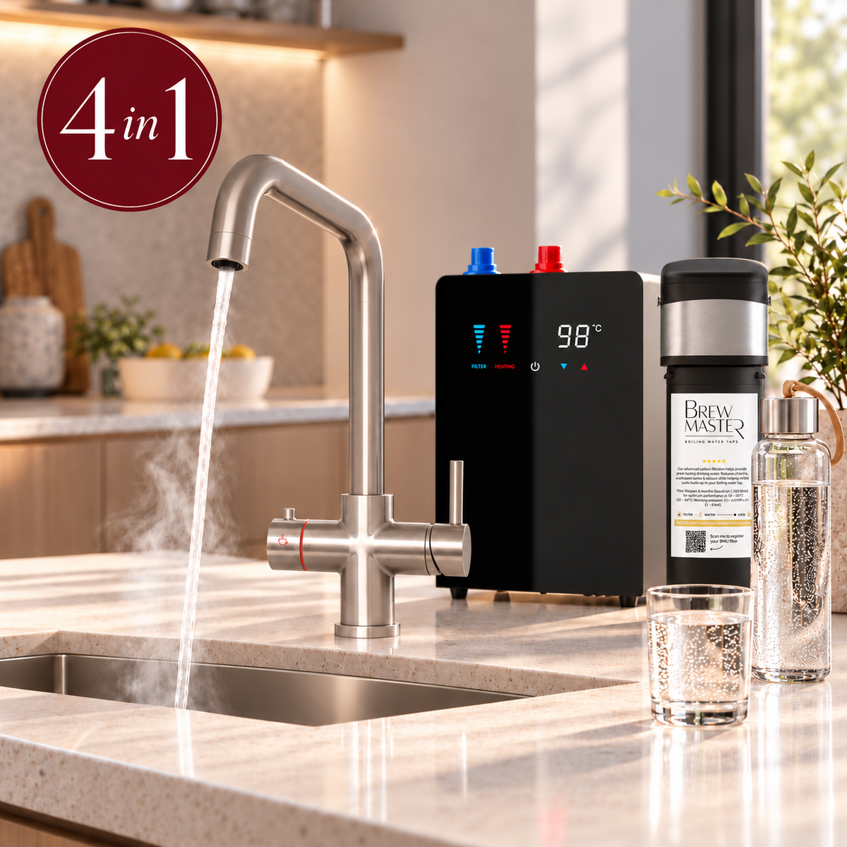 Brewmaster 4 in 1 brushed nickel boiling water tap with digital tank and filter shown in a premium kitchen hero image