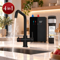 Brewmaster 4 in 1 matt black boiling water tap with digital tank, filter and reusable water bottle in a modern kitchen