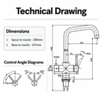 Brewmaster 4 in 1 square boiling water tap technical drawing with dimensions and control angles