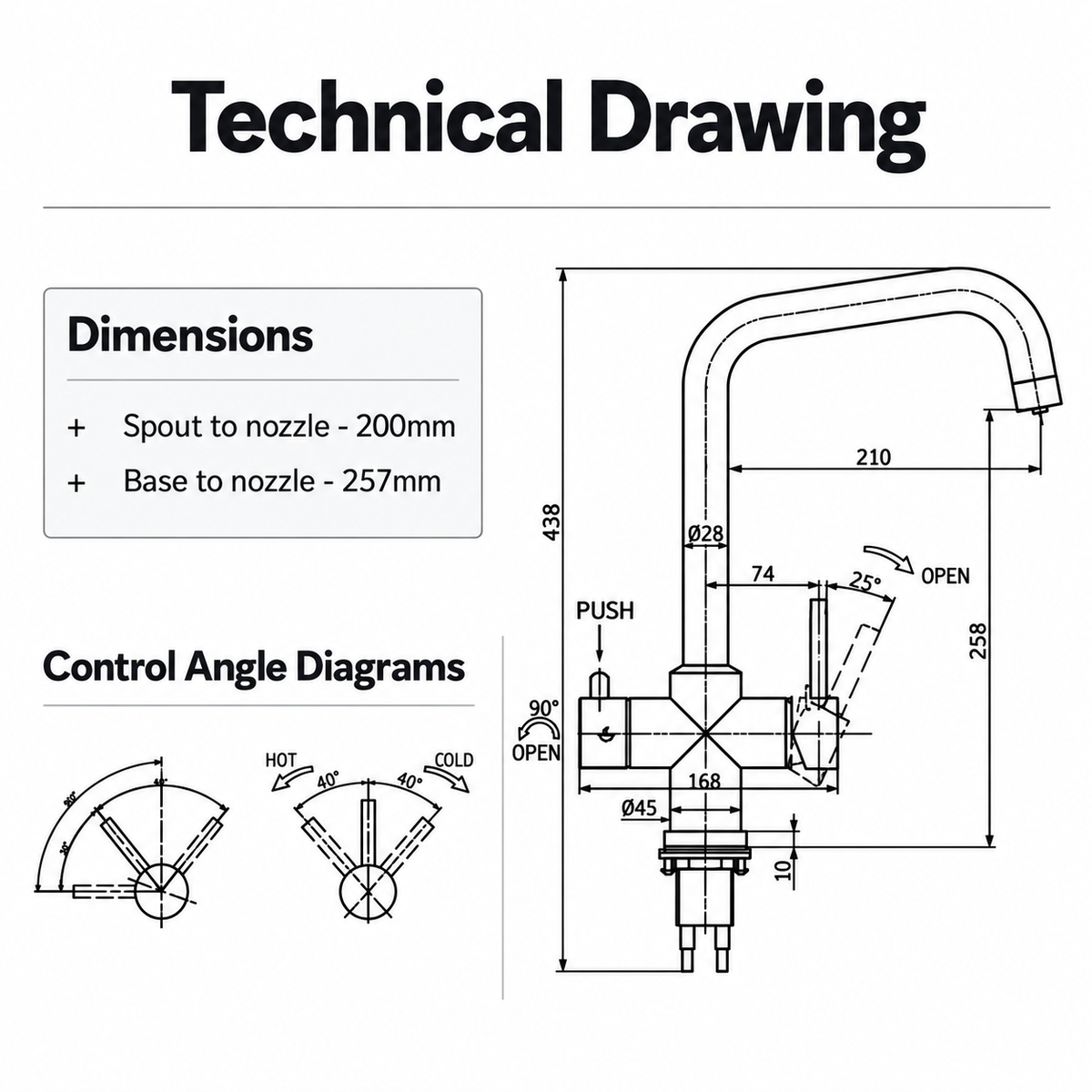 Brewmaster 4 in 1 square boiling water tap technical drawing with dimensions and control angles