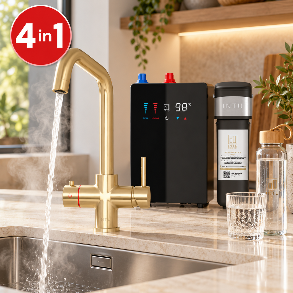 Brewmaster 4 in 1 swan boiling water tap in brushed gold with digital tank, filter and drinking water bottle in a modern kitchen