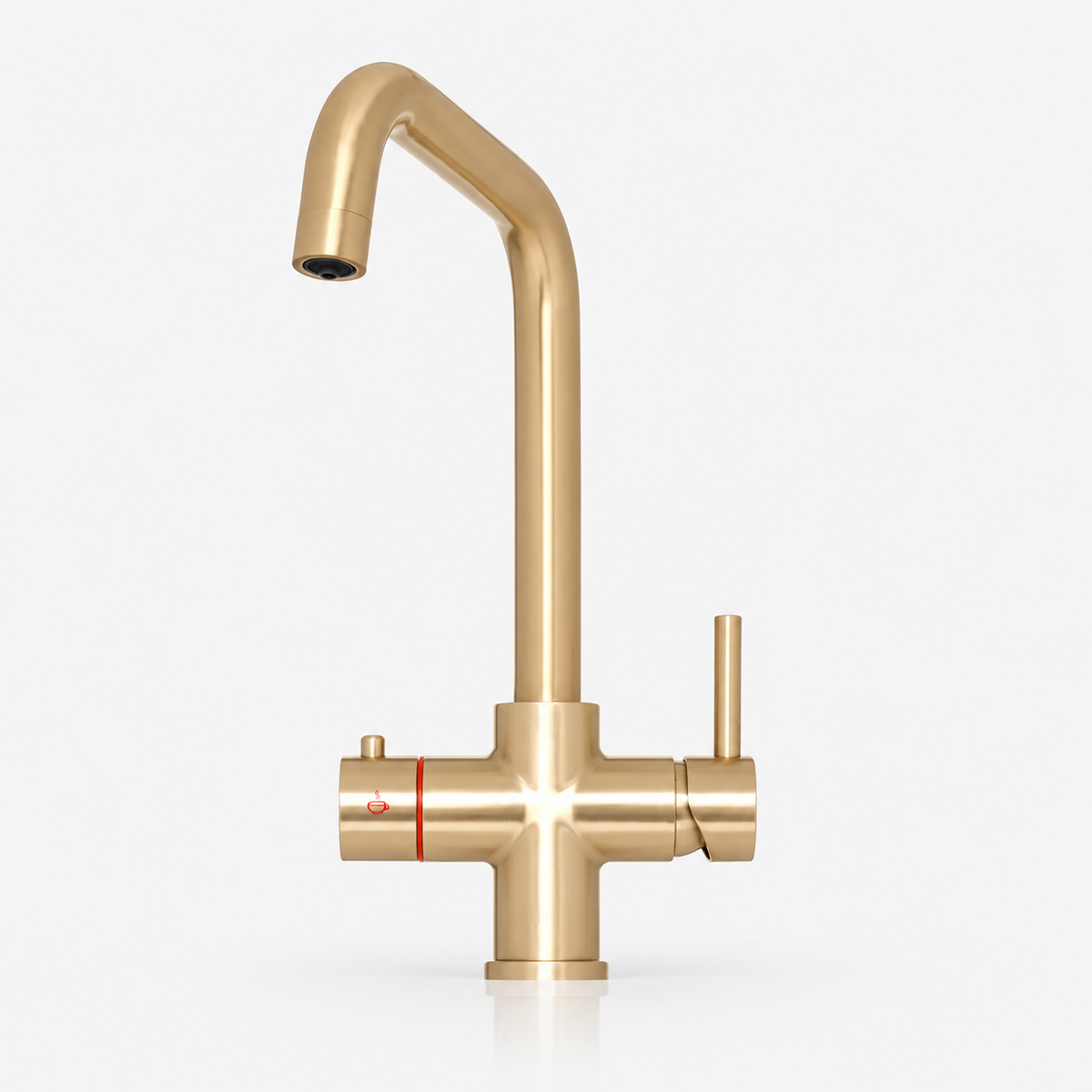 Brewmaster 4 in 1 swan boiling water tap in brushed gold shown as a standalone product image