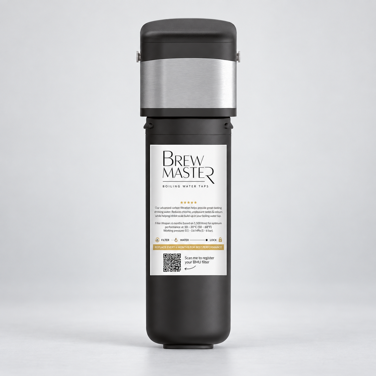 Brewmaster boiling water filter cartridge for taste and scale protection
