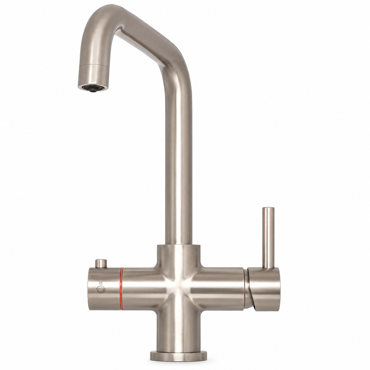 Brewmaster brushed nickel  boiling water kitchen tap shown on its own against a white background.