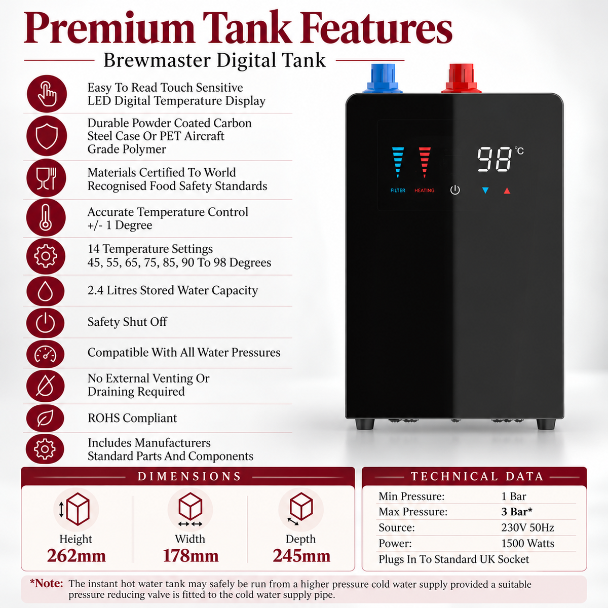 Brewmaster digital boiling water tank features infographic showing key features, dimensions and technical data for the digital tank