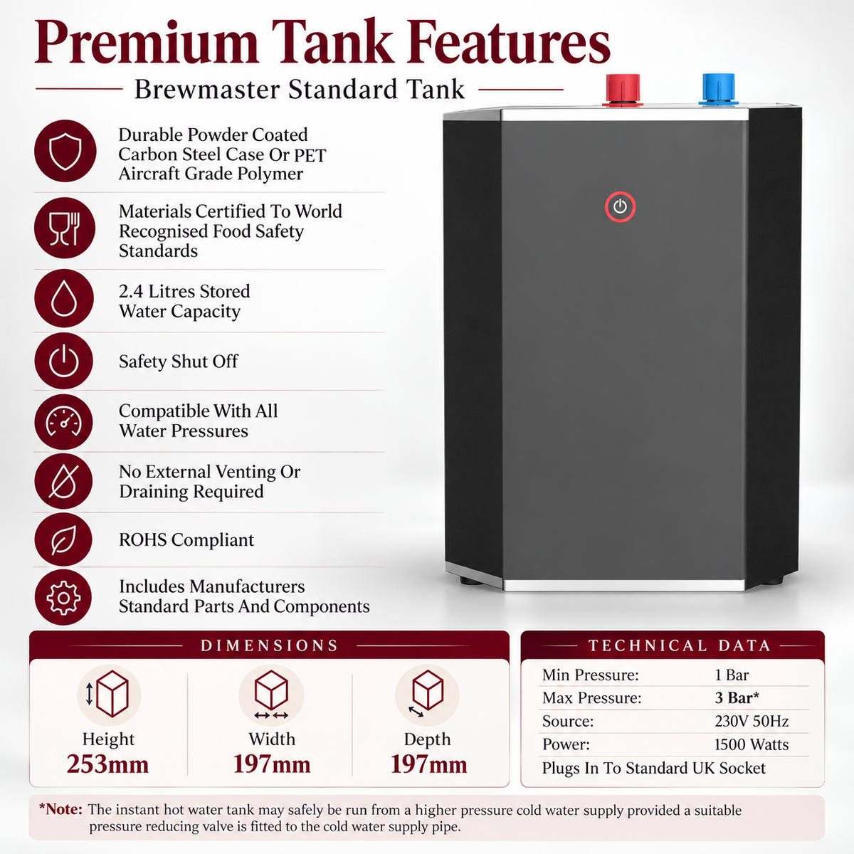 Brewmaster standard 2.4 litre boiling water tank features and dimensions