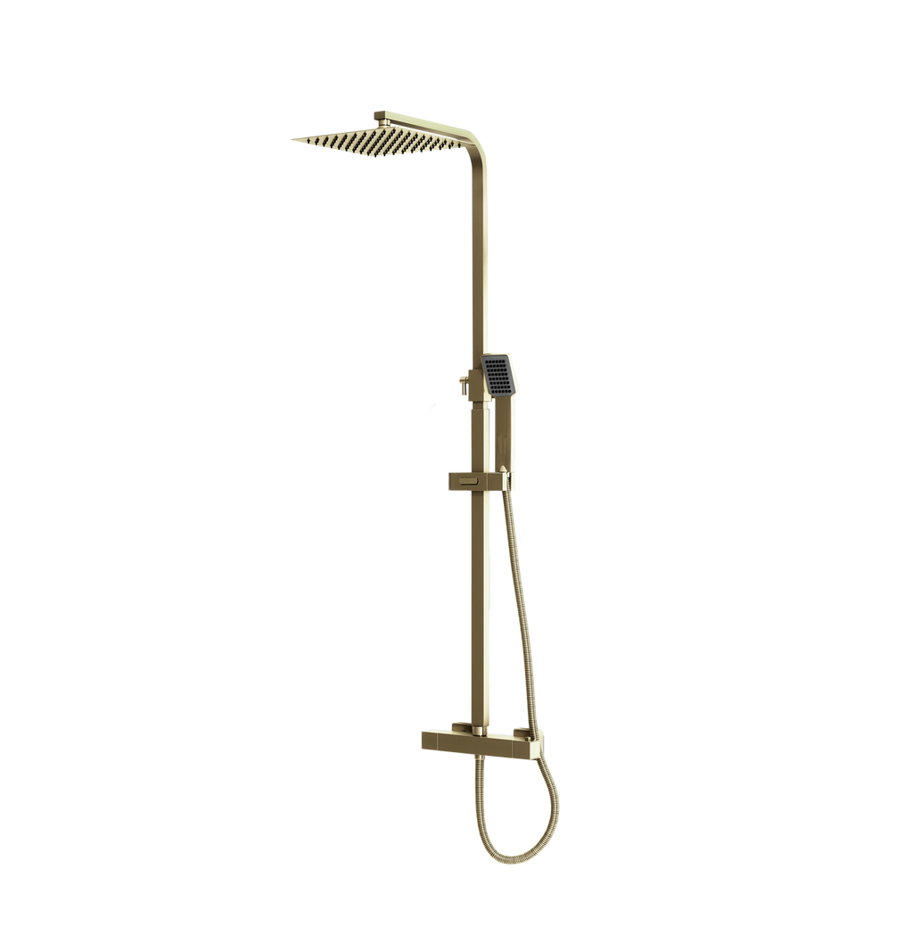 Brushed brass square shower riser kit with drencher head and handset