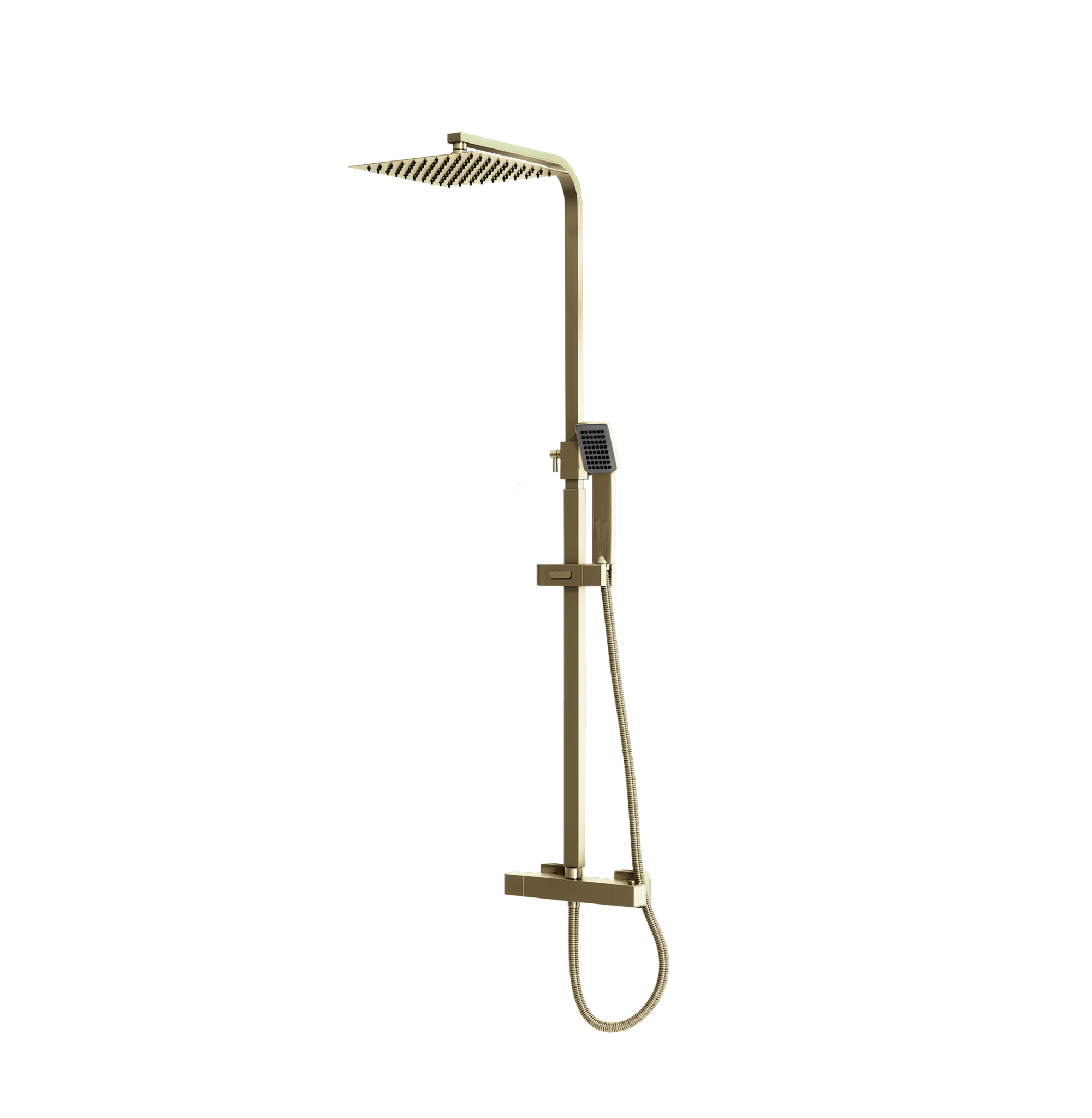 Brushed brass square shower riser kit with drencher head and handset