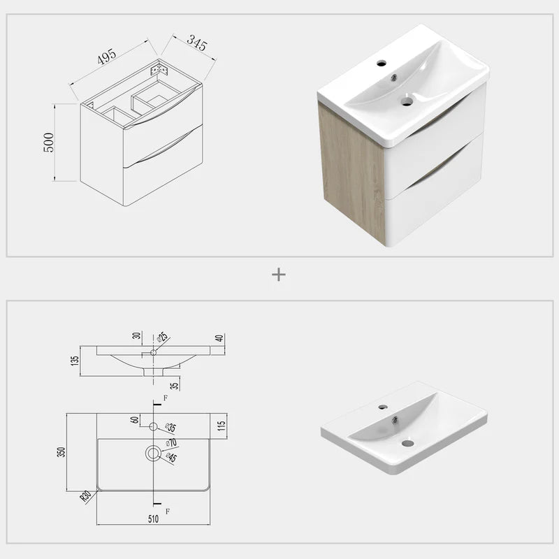 Bathroom vanity with dimensions and sink design on a white background