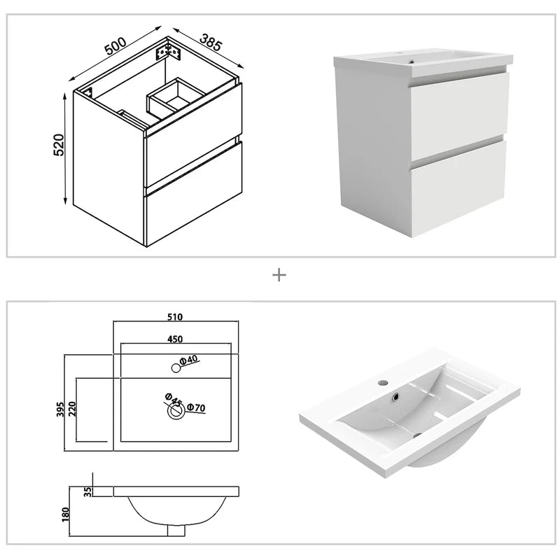 500mm vanity unit and basin technical drawing with dimensions and basin specification diagram