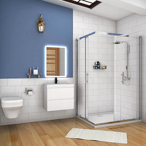 500mm wall hung vanity unit with basin in modern bathroom setting white gloss with brushed brass tap and shower enclosure