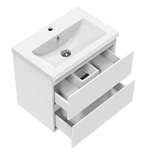 500mm vanity unit drawers open showing internal storage white gloss  detail modern minimilistic unit