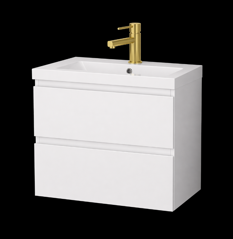 500mm wall hung vanity unit with basin white gloss finish with brushed brass tap clean product image