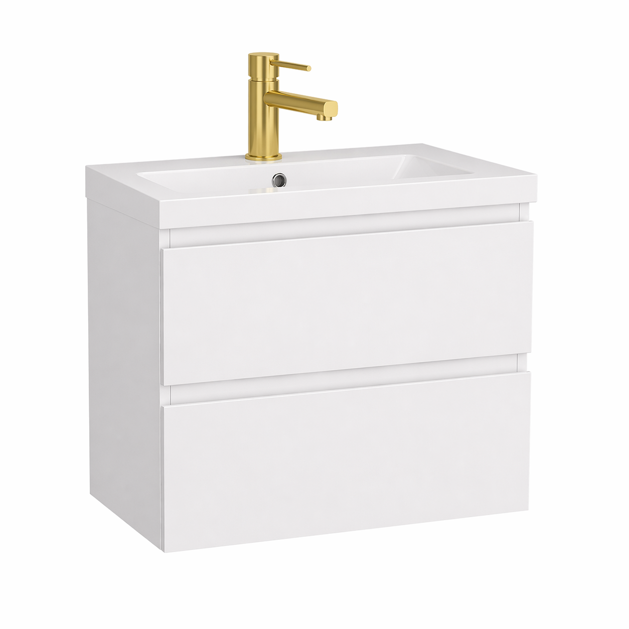 500mm wall hung vanity unit white gloss with flat drawer fronts side view basin with brushed brass tap and unit clean minimal design
