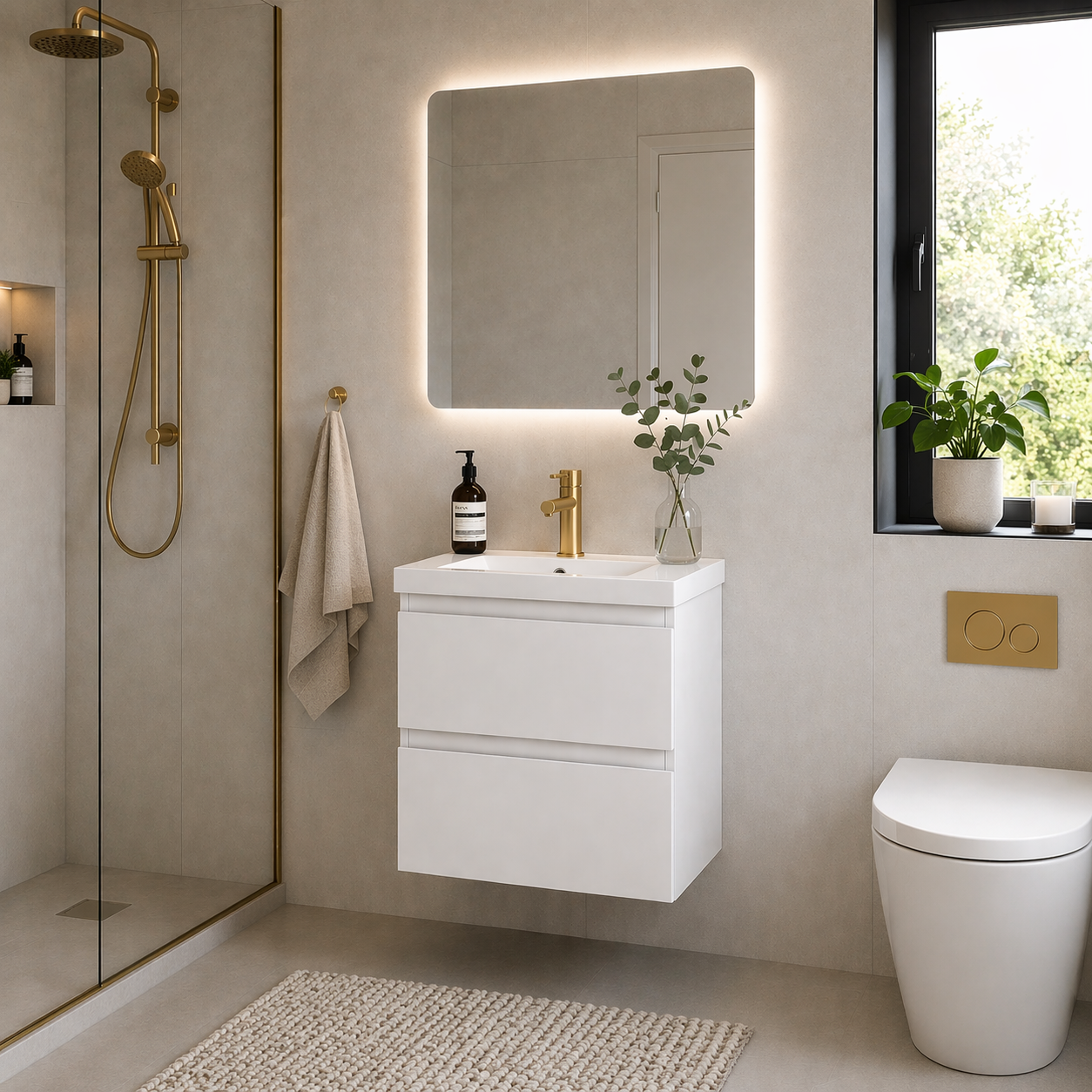 500mm wall hung vanity unit white gloss with brushed brass tap in modern bathroom setting with shower enclosure mirror and toilet