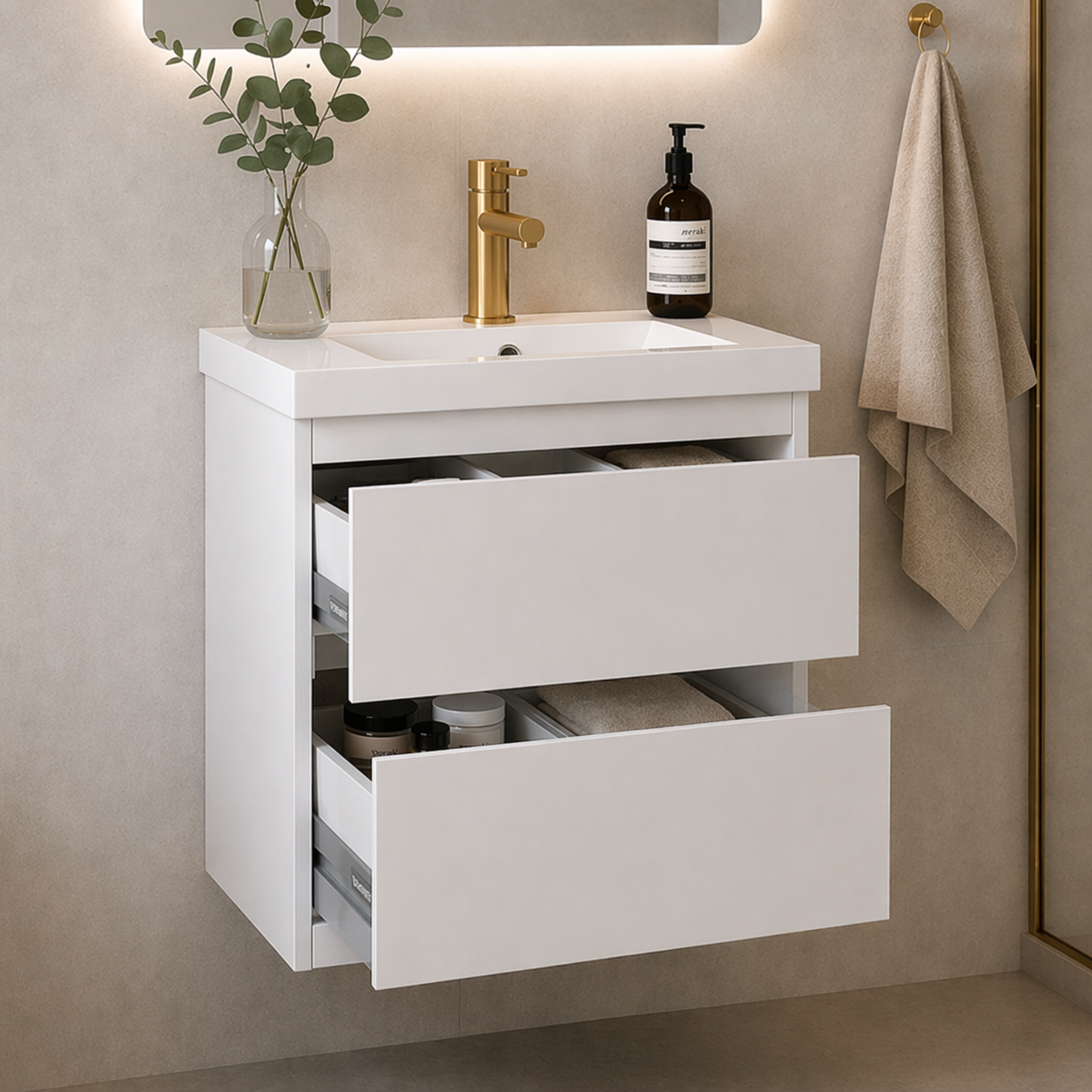 500mm wall hung vanity unit white gloss with drawers open and brushed brass tap in modern bathroom setting showing internal storage.