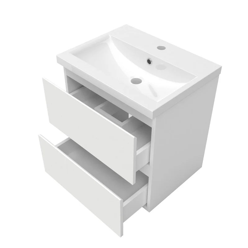 500mm wall hung vanity unit white gloss with flat drawer fronts side view basin and unit clean minimal design