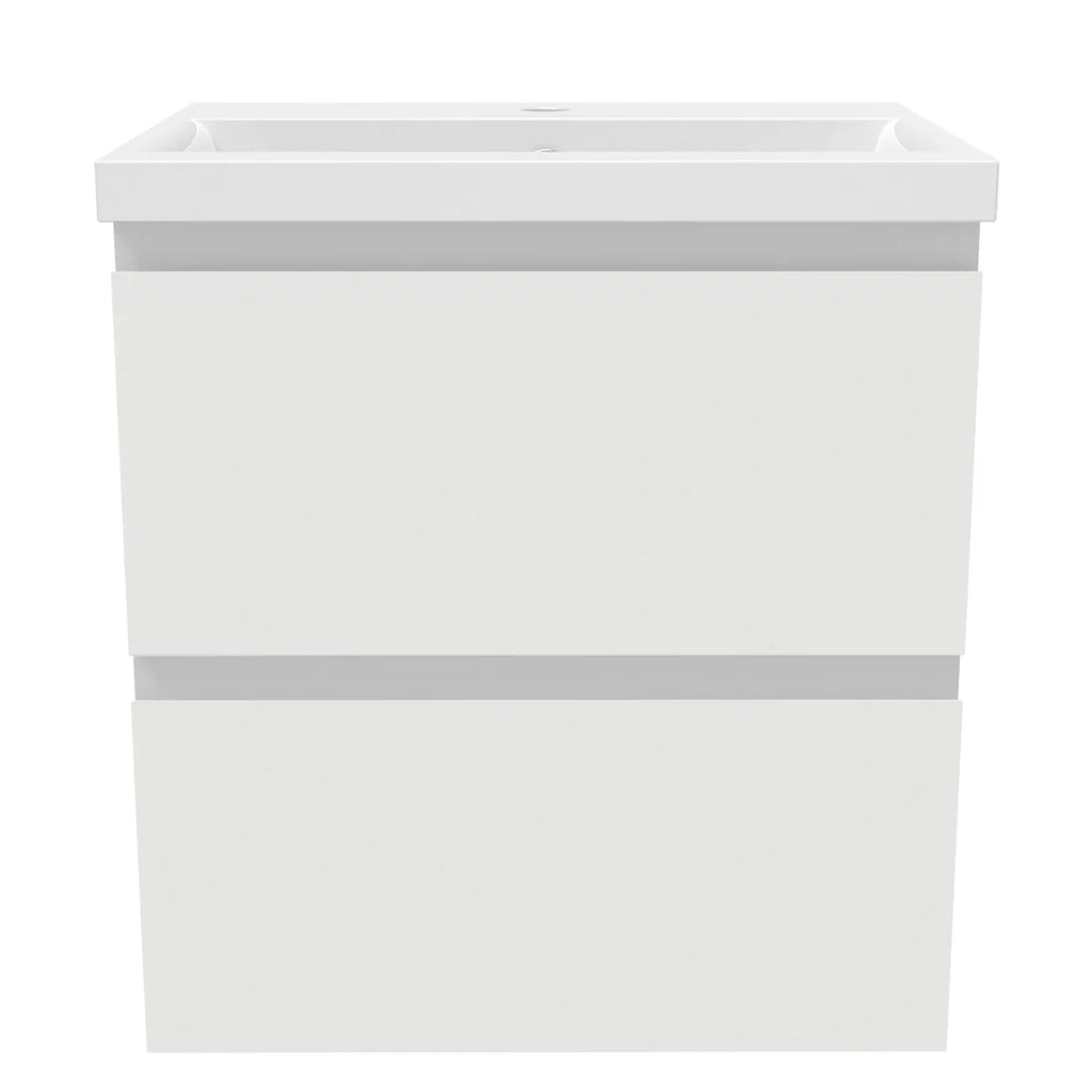 500mm wall hung vanity unit white gloss with flat drawer fronts front view basin and unit clean minimal design