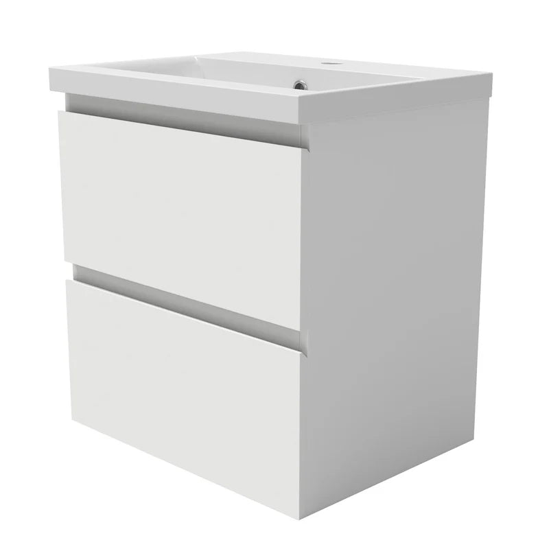 500mm wall hung vanity unit white gloss with flat drawer fronts side view basin and unit clean minimal design
