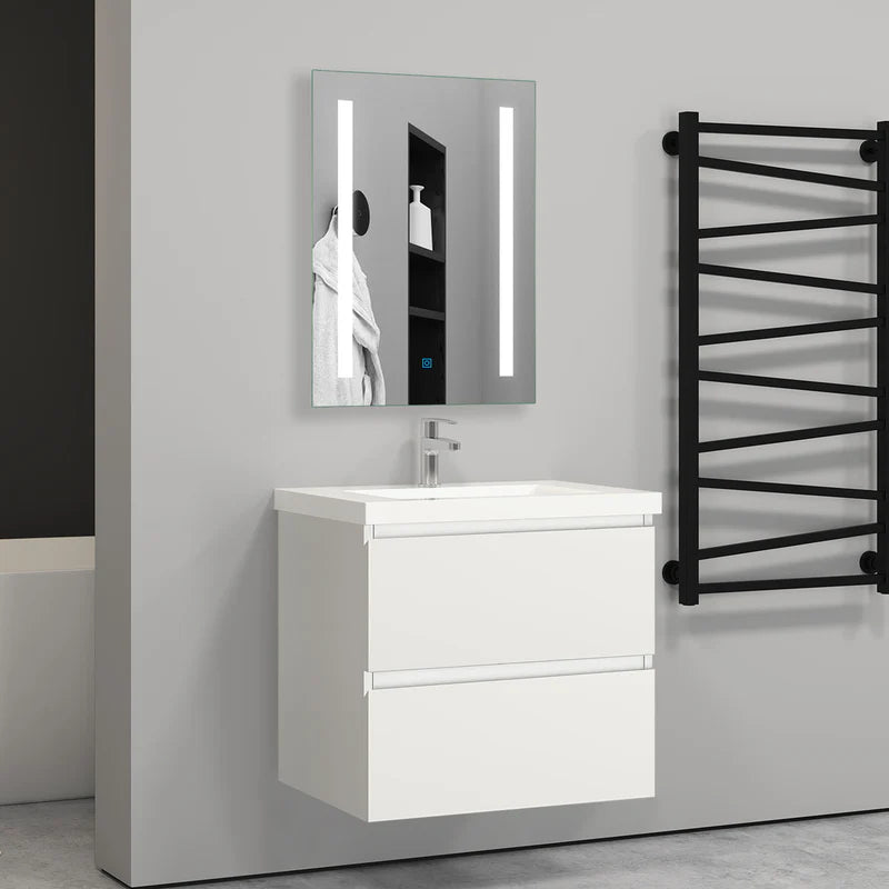 500mm wall hung vanity unit white gloss with basin and LED mirror in modern bathroom with black towel rail and minimalist design