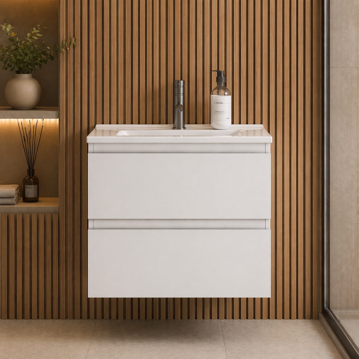 White vanity unit with sink against a wooden wall