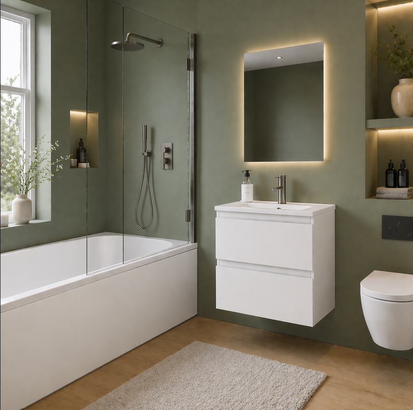 Modern bathroom with white vanity, bathtub, and toilet against a green wall.