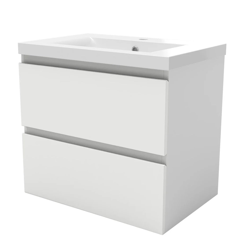 White bathroom vanity with two drawers on a white background