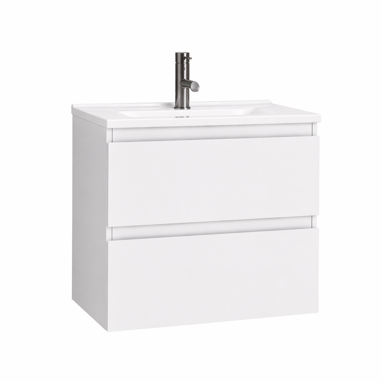 White bathroom vanity with a sink and faucet on a white background
