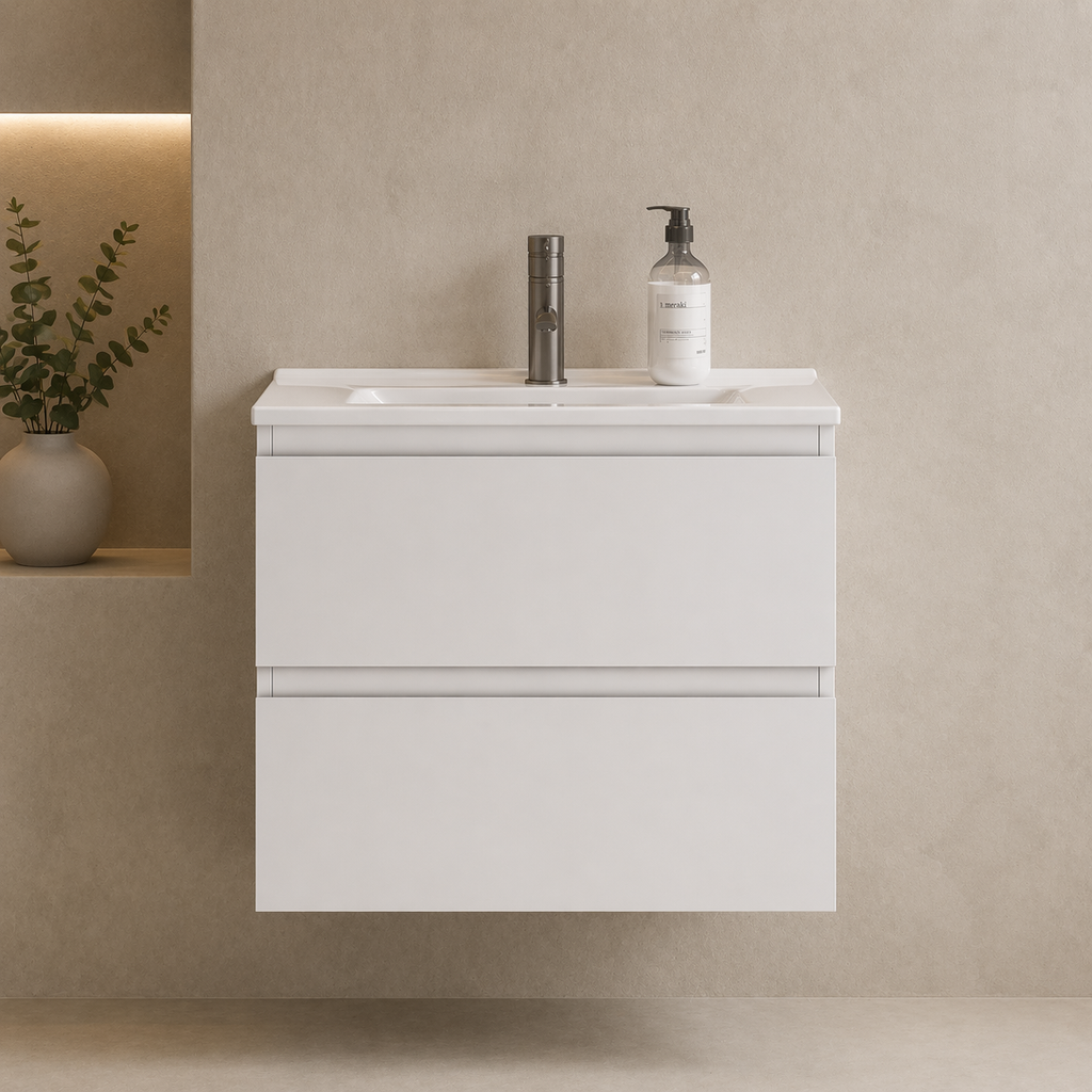 Bathroom vanity with sink, faucet, and soap dispenser against a beige wall.