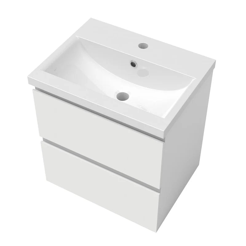 White bathroom vanity with sink on a white background