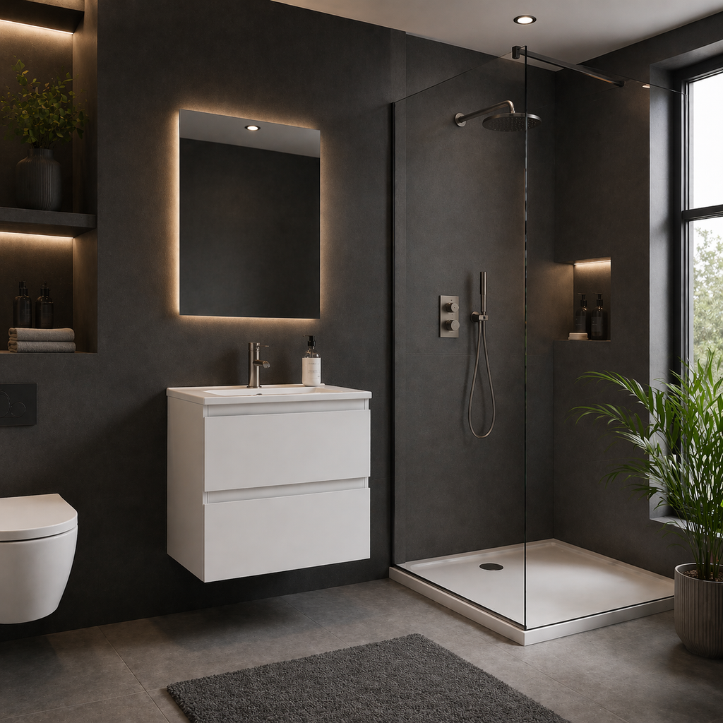 Modern bathroom with dark walls, white vanity, and shower area.