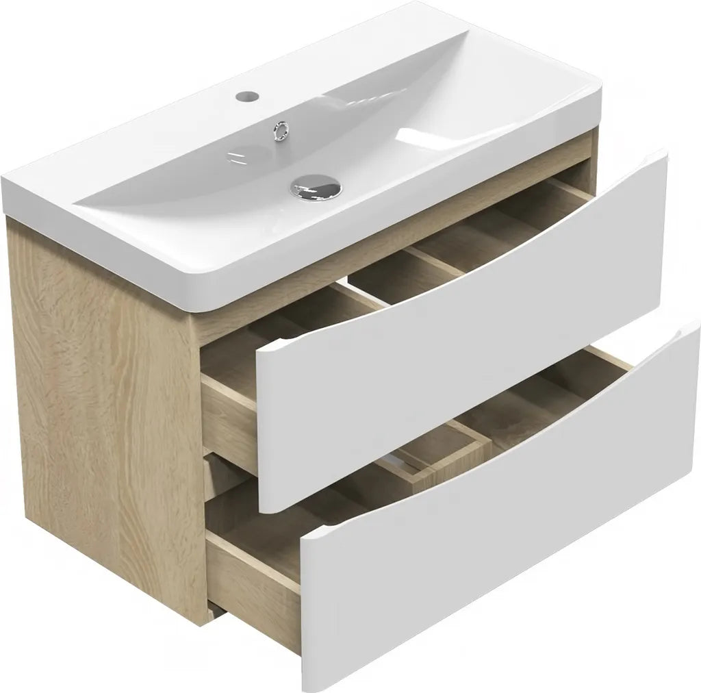 800mm Bathroom vanity unit with oak side panels and white gloss drawers open showing internal storage compartments and ceramic basin above