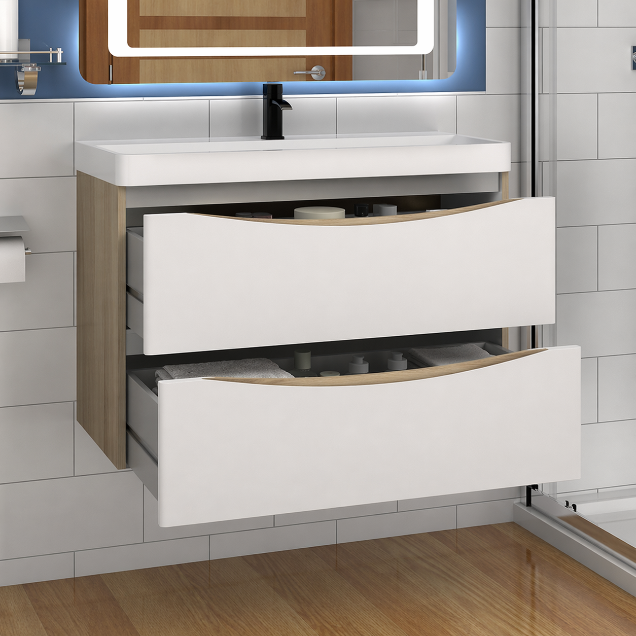 Wall hung white gloss vanity unit with drawers open showing storage, set against wood slat wall with chrome tap and bathroom accessories