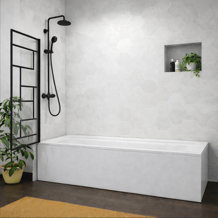 Black pivot bath shower screen shown open over straight bath in modern bathroom with hexagon wall tiles