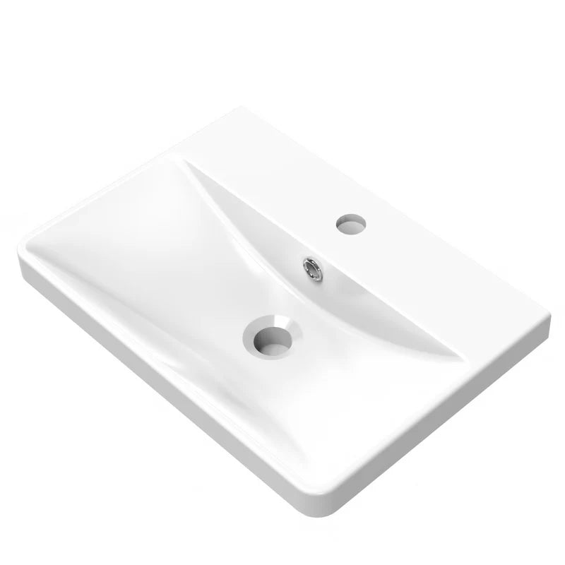 White ceramic basin top with tap hole and overflow, designed for bathroom vanity unit installation