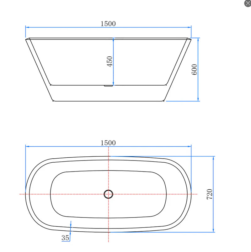 Technical dimensions of freestanding double ended bath showing 1500mm length, 720mm width and 600mm height
