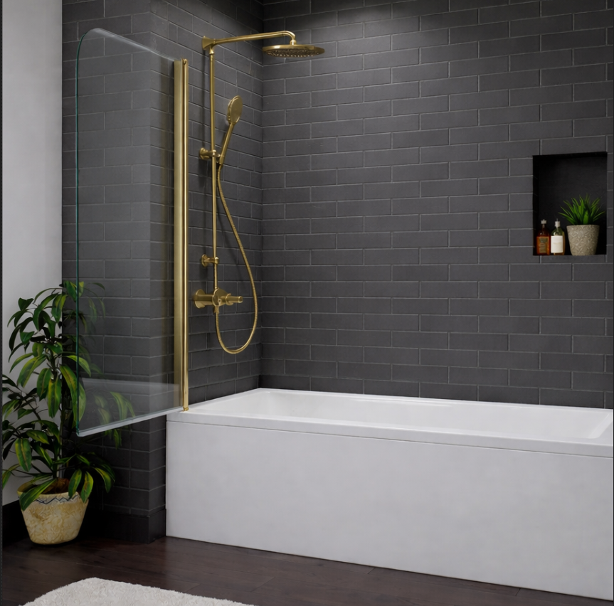 Gold pivot bath shower screen open outwards on white bath with dark grey tiled wall and recessed niche