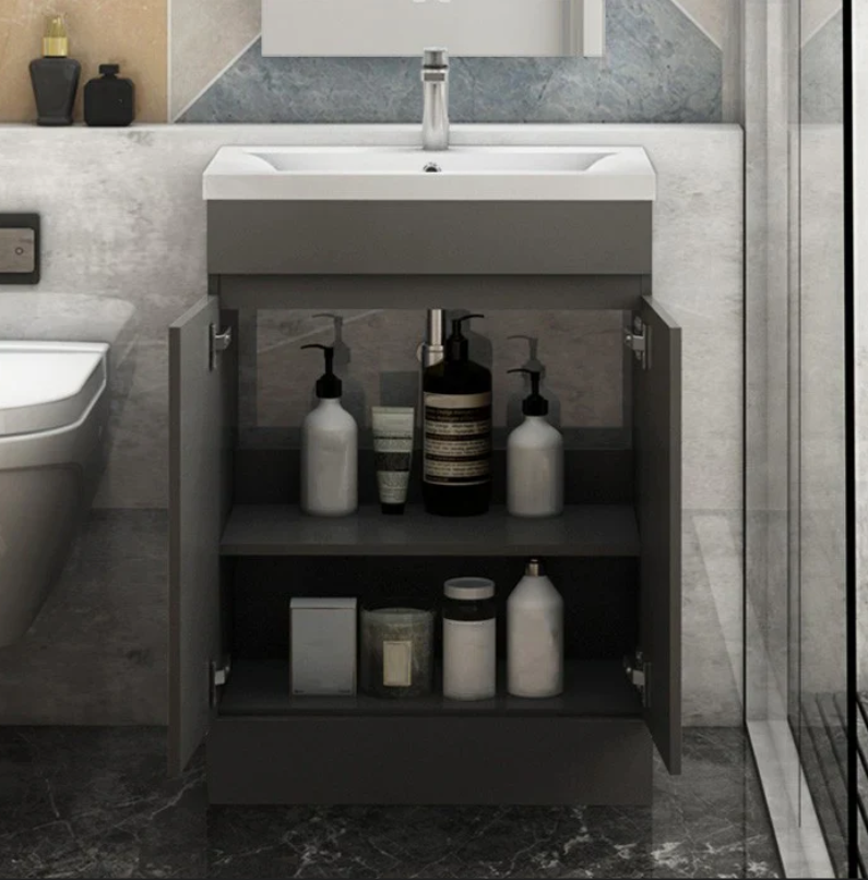 Grey Vanity Unit 600mm With Doors Open Showing Internal Storage