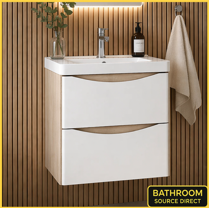 Wall hung bathroom vanity unit with oak side panels and white gloss drawers open showing storage space, modern basin and chrome tap installed
