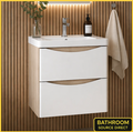 Wall hung bathroom vanity unit with oak side panels and white gloss drawers open showing storage space, modern basin and chrome tap installed