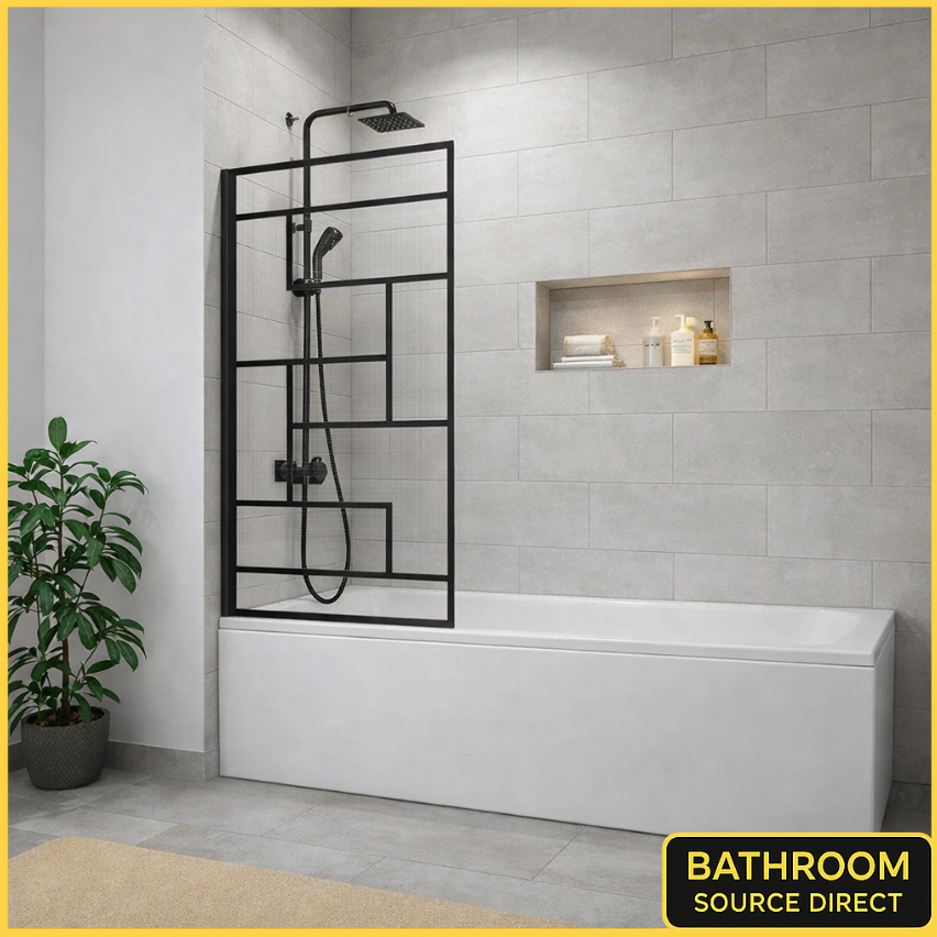 Mono black pivot bath shower screen with flat bath panel and wall shower